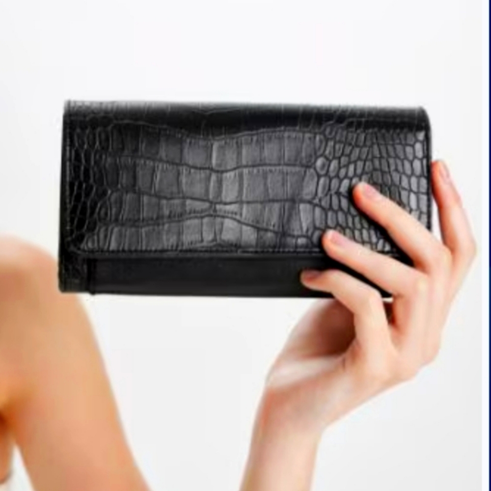 Croc Embossed (Black) Flap Snap Trifold & Zip Around Combo 2-Sided Multi Wallet